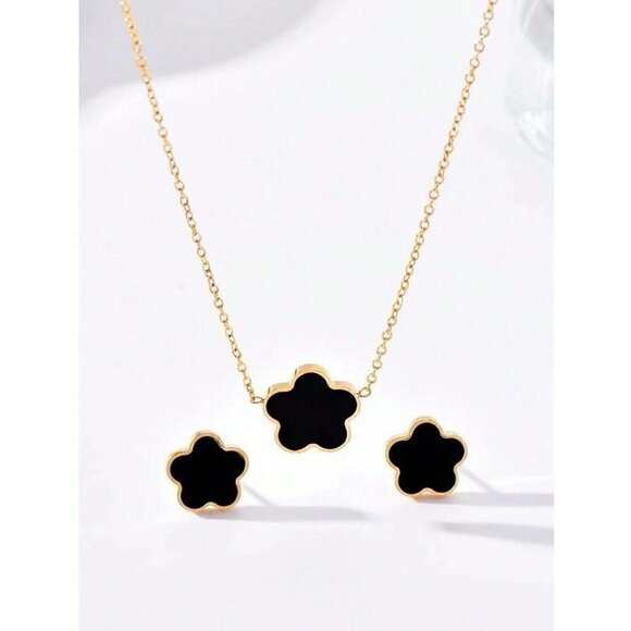 Floral Necklace Earrings Gold Tone Titanium Steel set - black - Picture 3 of 3